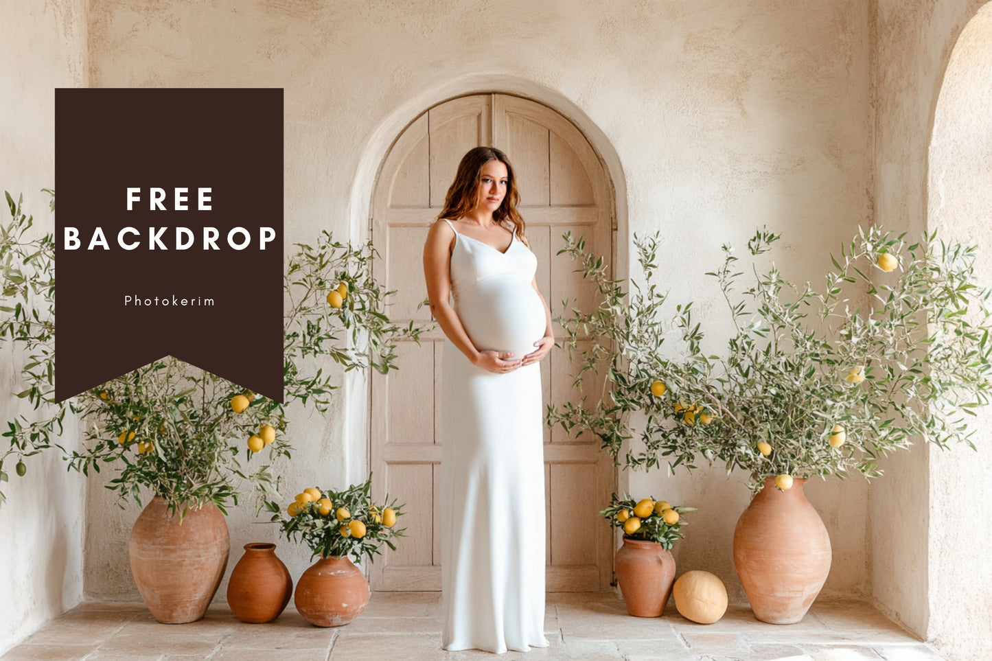 Free Mediterranean Maternity Backdrop – Rustic Lemon Tree Archway Digital Background for Photo Editing & Composites