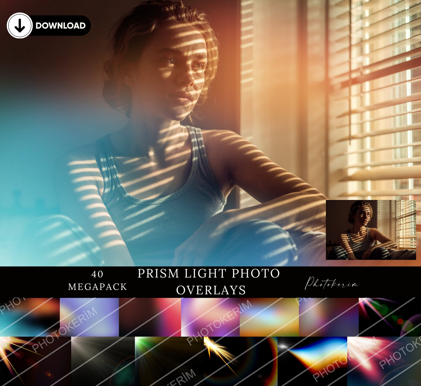 Prism Light Overlays for Photoshop, Rainbow Lens Flare and Crystal Refraction PNGs, Colorful Light Leak Effects for Portrait Photography