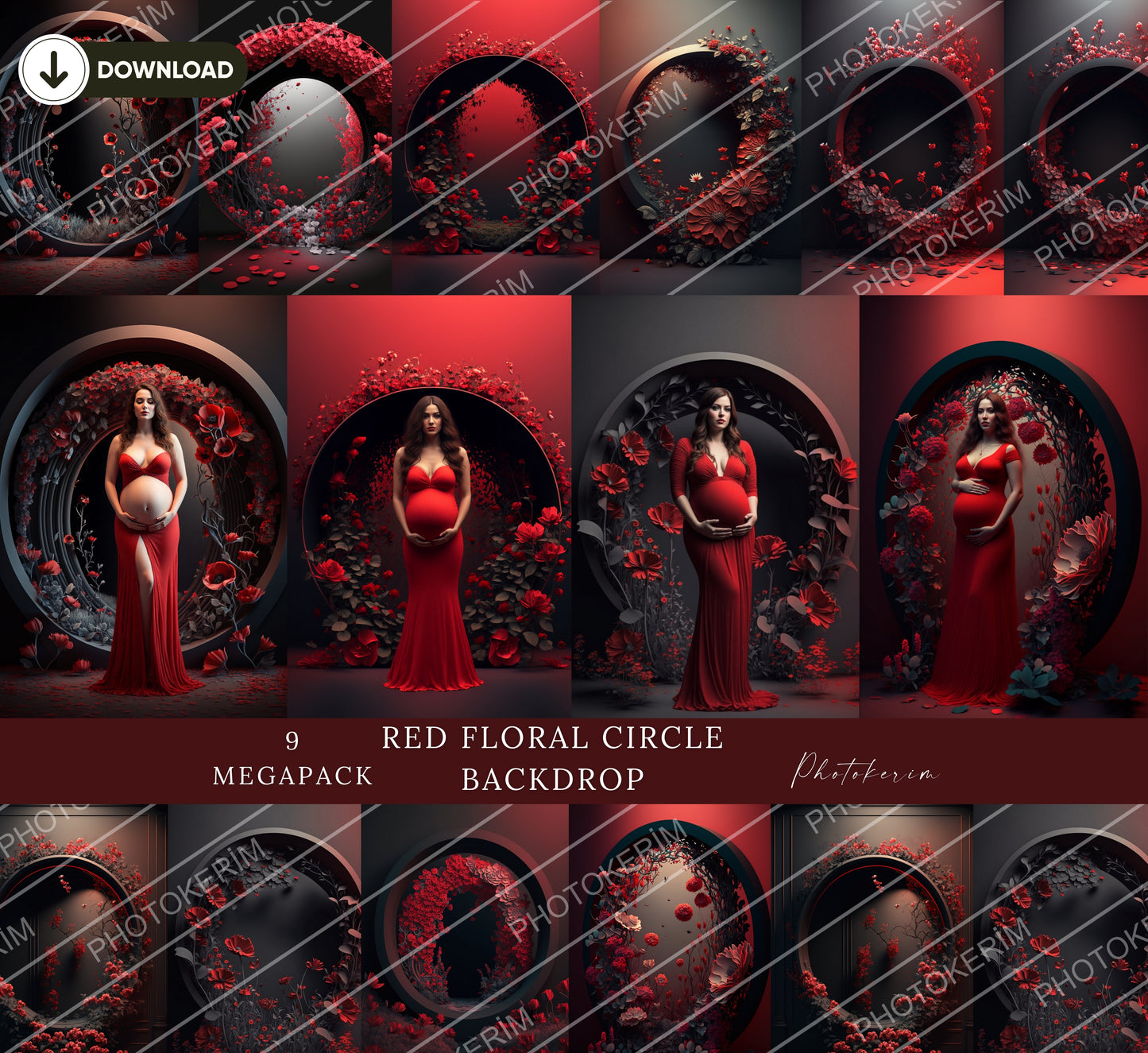 Red Floral Ring Backdrop Overlays for Photoshop, Maternity Circle Digital Background, Romantic Flower Halo Portrait Overlay