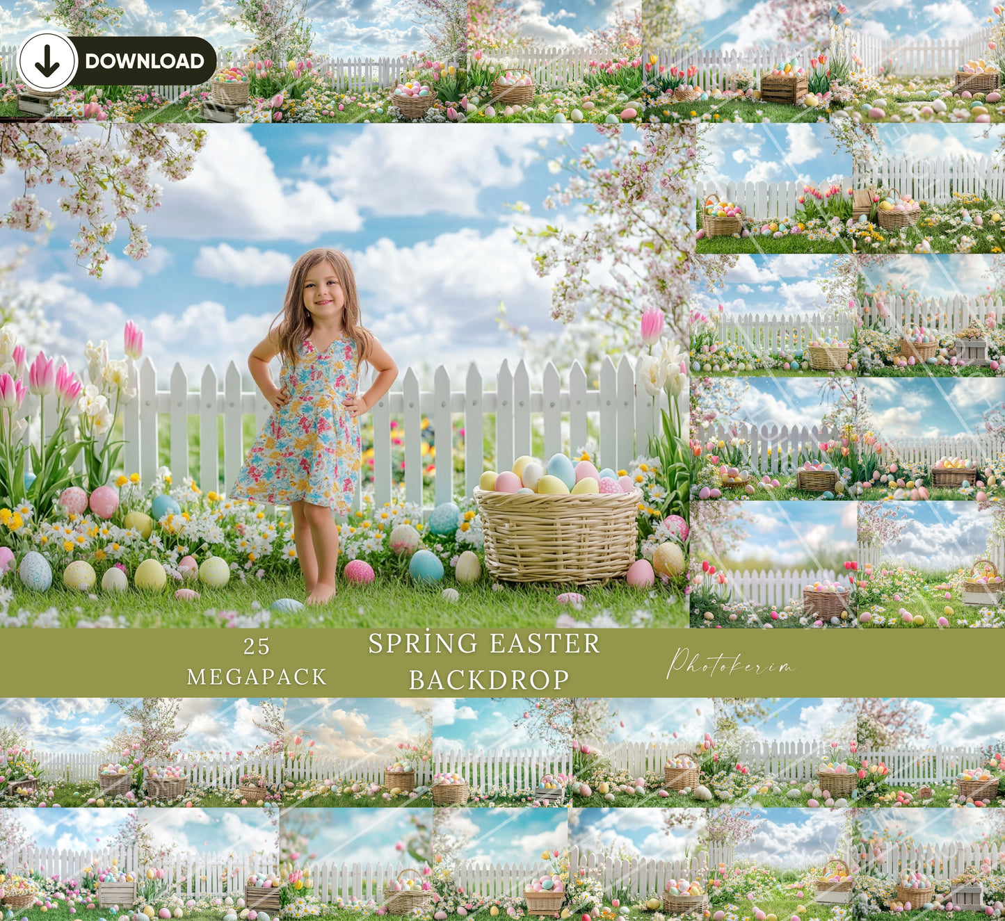 Spring Easter Digital Backdrop Set, 25 Floral Garden Scenes with Easter Eggs and White Picket Fence for Kids Photography and Photoshop Edits