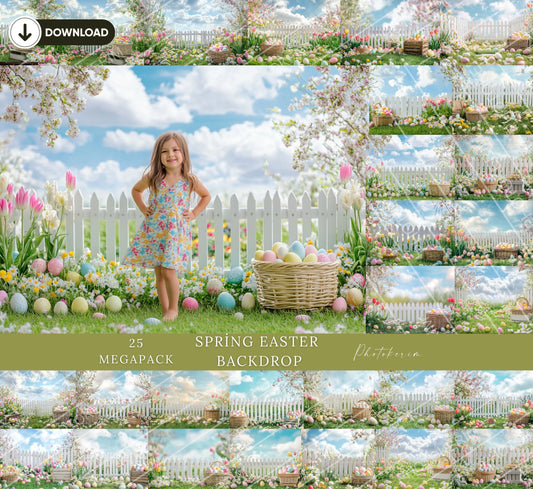 Spring Easter Digital Backdrop Set, 25 Floral Garden Scenes with Easter Eggs and White Picket Fence for Kids Photography and Photoshop Edits