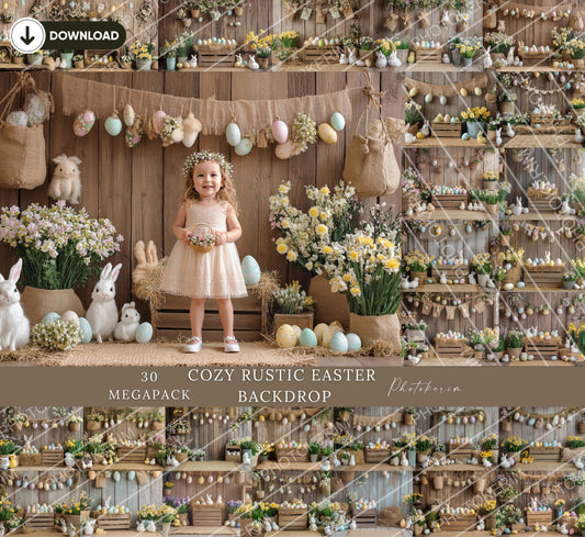 Cozy Rustic Easter Digital Backdrop Set, 30 Wooden Farmhouse Scenes with Bunnies, Flowers, and Eggs for Kids Spring Photography and Photoshop Edits
