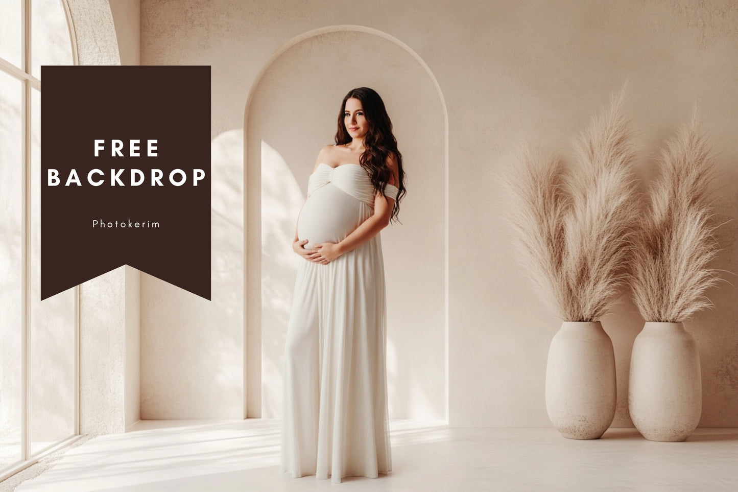 Free Minimalist Boho Maternity Backdrop – Archway with Natural Light and Pampas Vases Digital Background for Photography