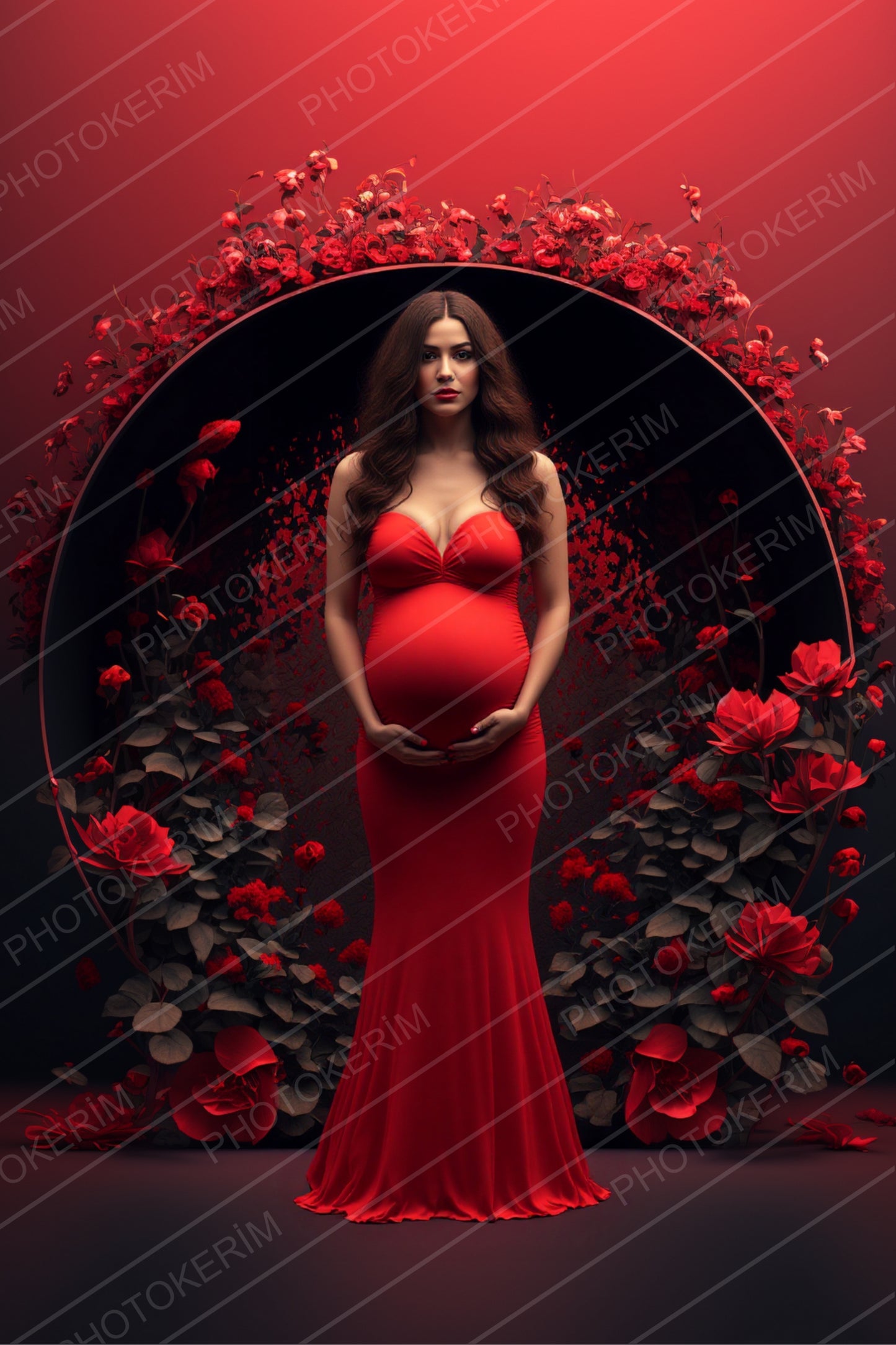 Red Floral Ring Backdrop Overlays for Photoshop, Maternity Circle Digital Background, Romantic Flower Halo Portrait Overlay