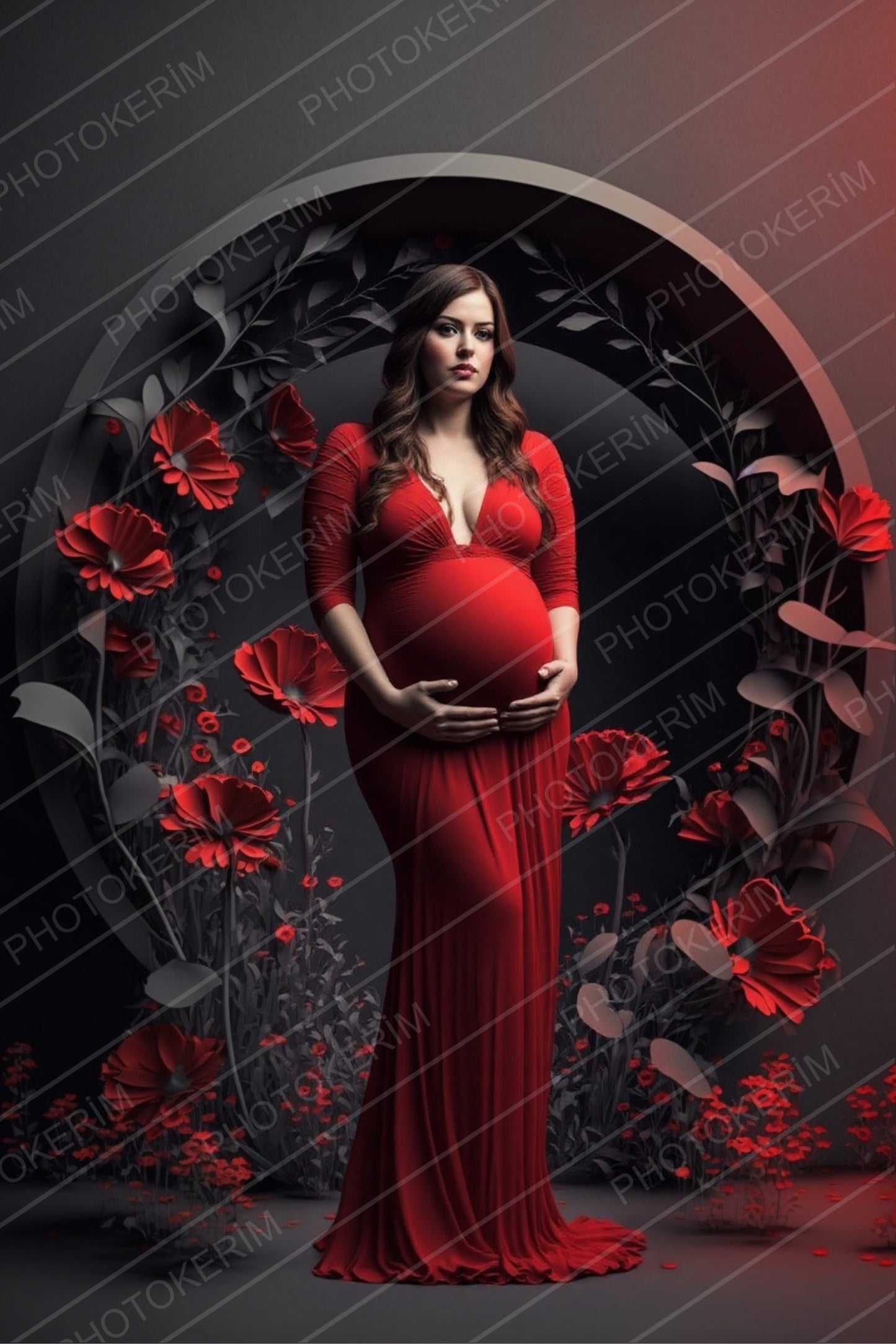 Red Floral Ring Backdrop Overlays for Photoshop, Maternity Circle Digital Background, Romantic Flower Halo Portrait Overlay