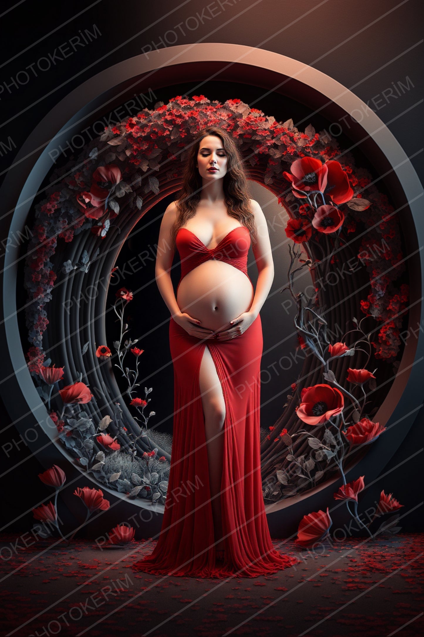 Red Floral Ring Backdrop Overlays for Photoshop, Maternity Circle Digital Background, Romantic Flower Halo Portrait Overlay