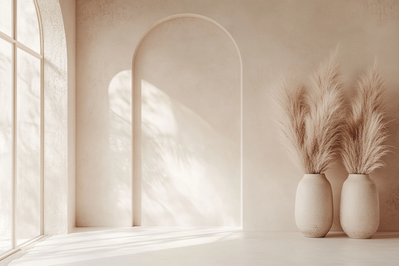 Free Minimalist Boho Maternity Backdrop – Archway with Natural Light and Pampas Vases Digital Background for Photography