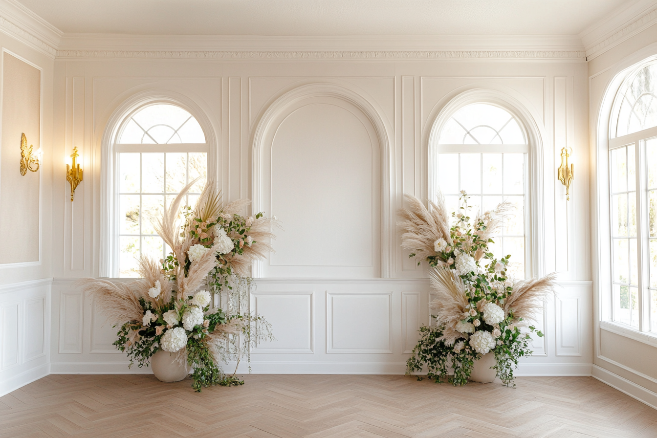 Free Elegant White Room Maternity Backdrop – Neutral Floral Arrangement & Pampas Grass Digital Background