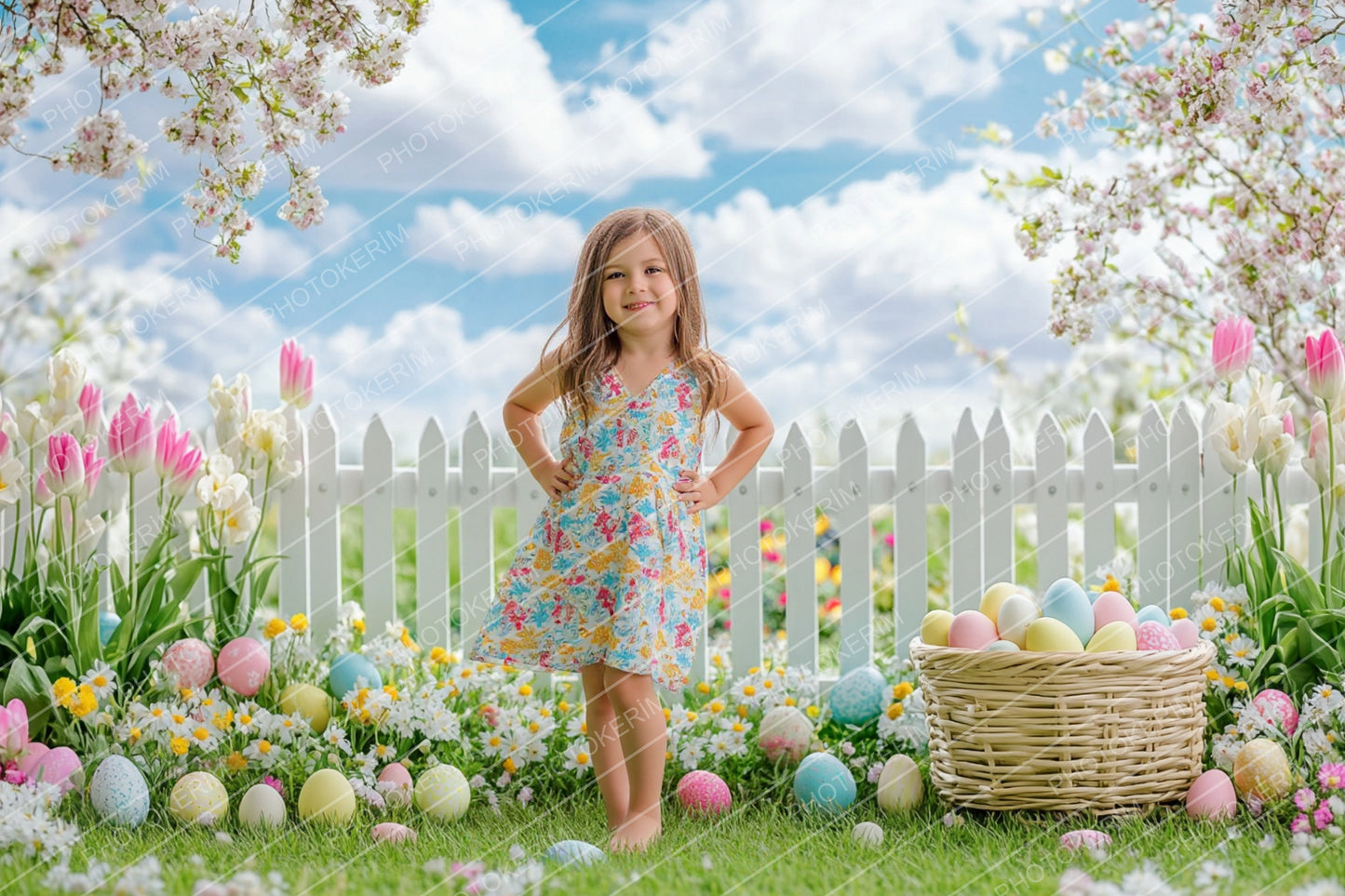 Spring Easter Digital Backdrop Set, 25 Floral Garden Scenes with Easter Eggs and White Picket Fence for Kids Photography and Photoshop Edits