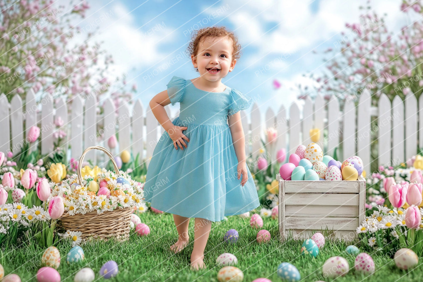 Spring Easter Digital Backdrop Set, 25 Floral Garden Scenes with Easter Eggs and White Picket Fence for Kids Photography and Photoshop Edits
