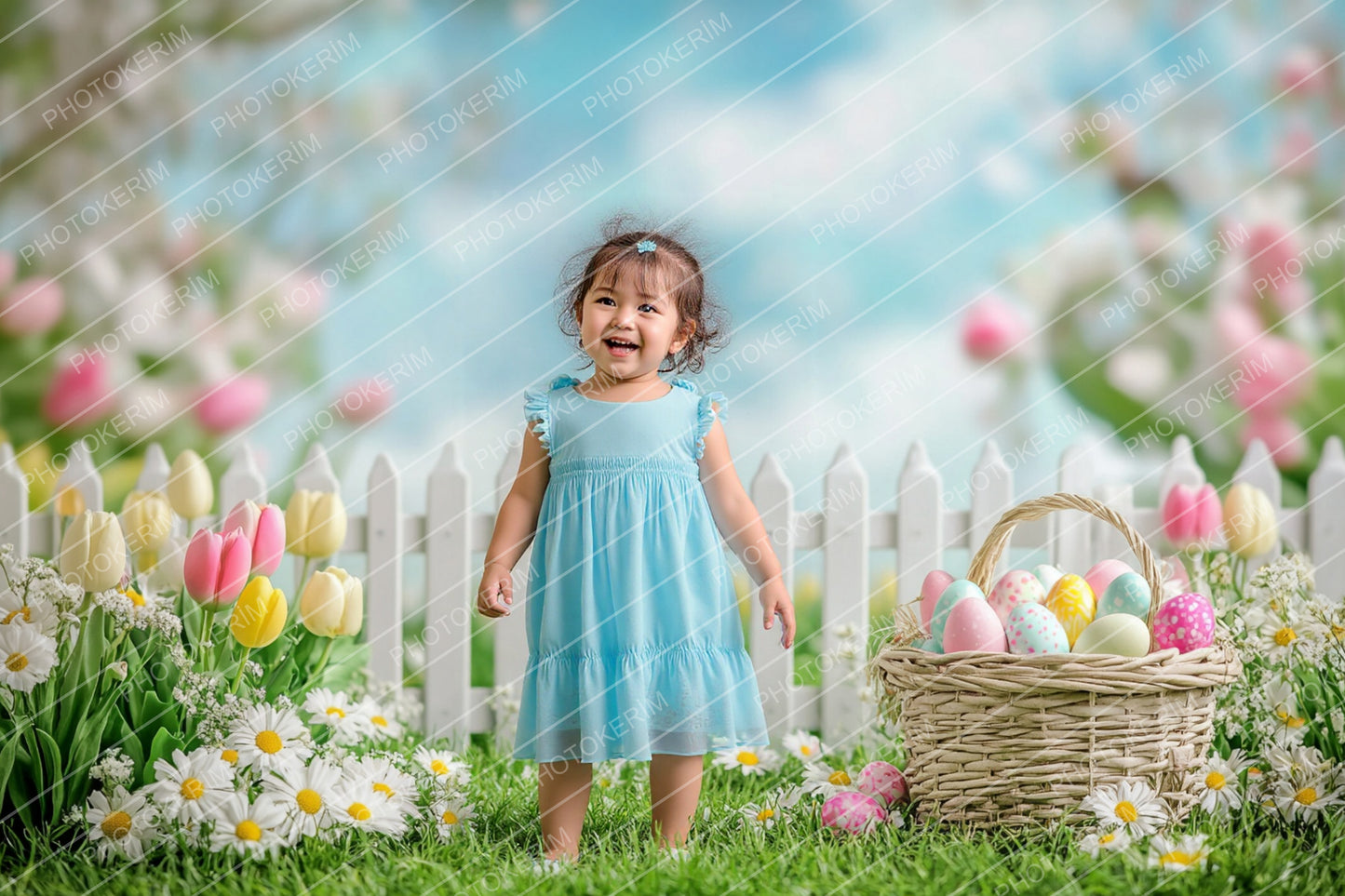 Spring Easter Digital Backdrop Set, 25 Floral Garden Scenes with Easter Eggs and White Picket Fence for Kids Photography and Photoshop Edits