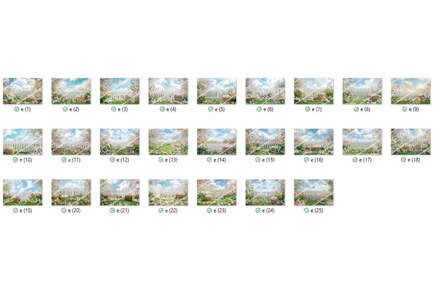 Spring Easter Digital Backdrop Set, 25 Floral Garden Scenes with Easter Eggs and White Picket Fence for Kids Photography and Photoshop Edits