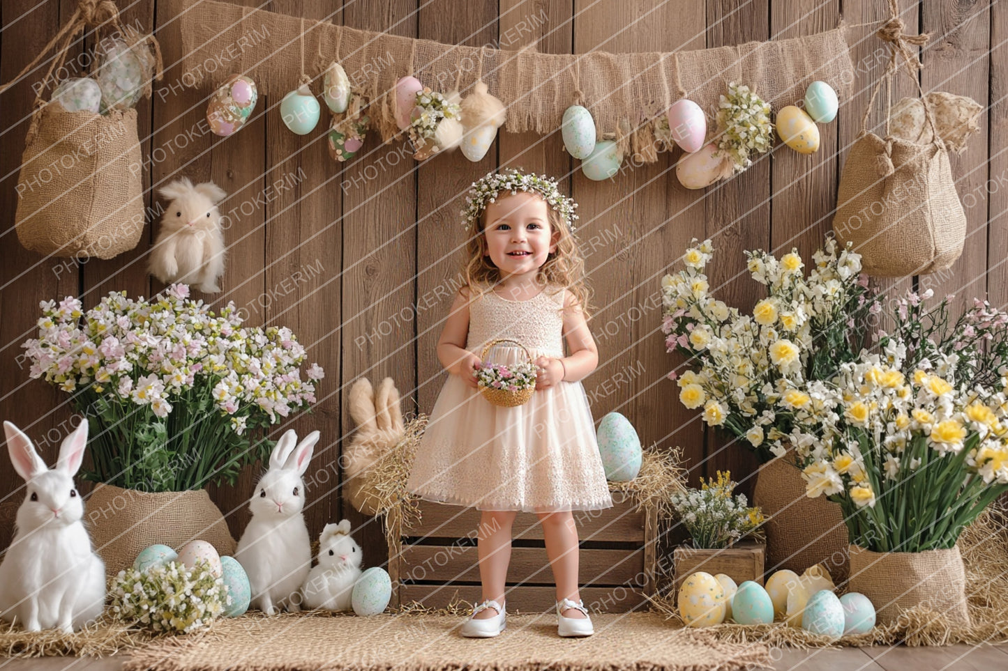 Cozy Rustic Easter Digital Backdrop Set, 30 Wooden Farmhouse Scenes with Bunnies, Flowers, and Eggs for Kids Spring Photography and Photoshop Edits