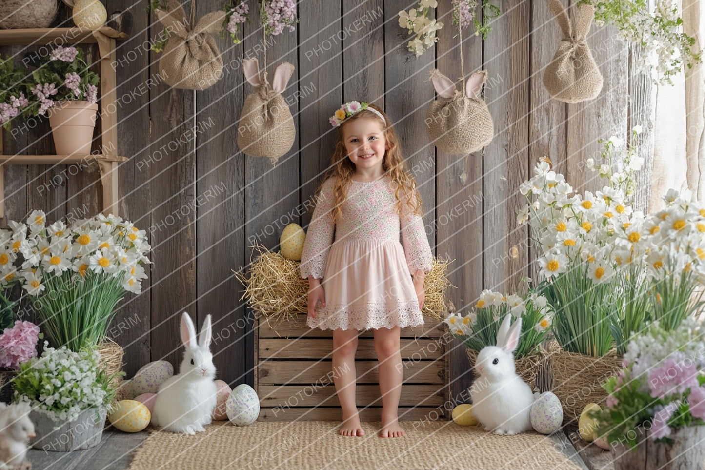 Cozy Rustic Easter Digital Backdrop Set, 30 Wooden Farmhouse Scenes with Bunnies, Flowers, and Eggs for Kids Spring Photography and Photoshop Edits