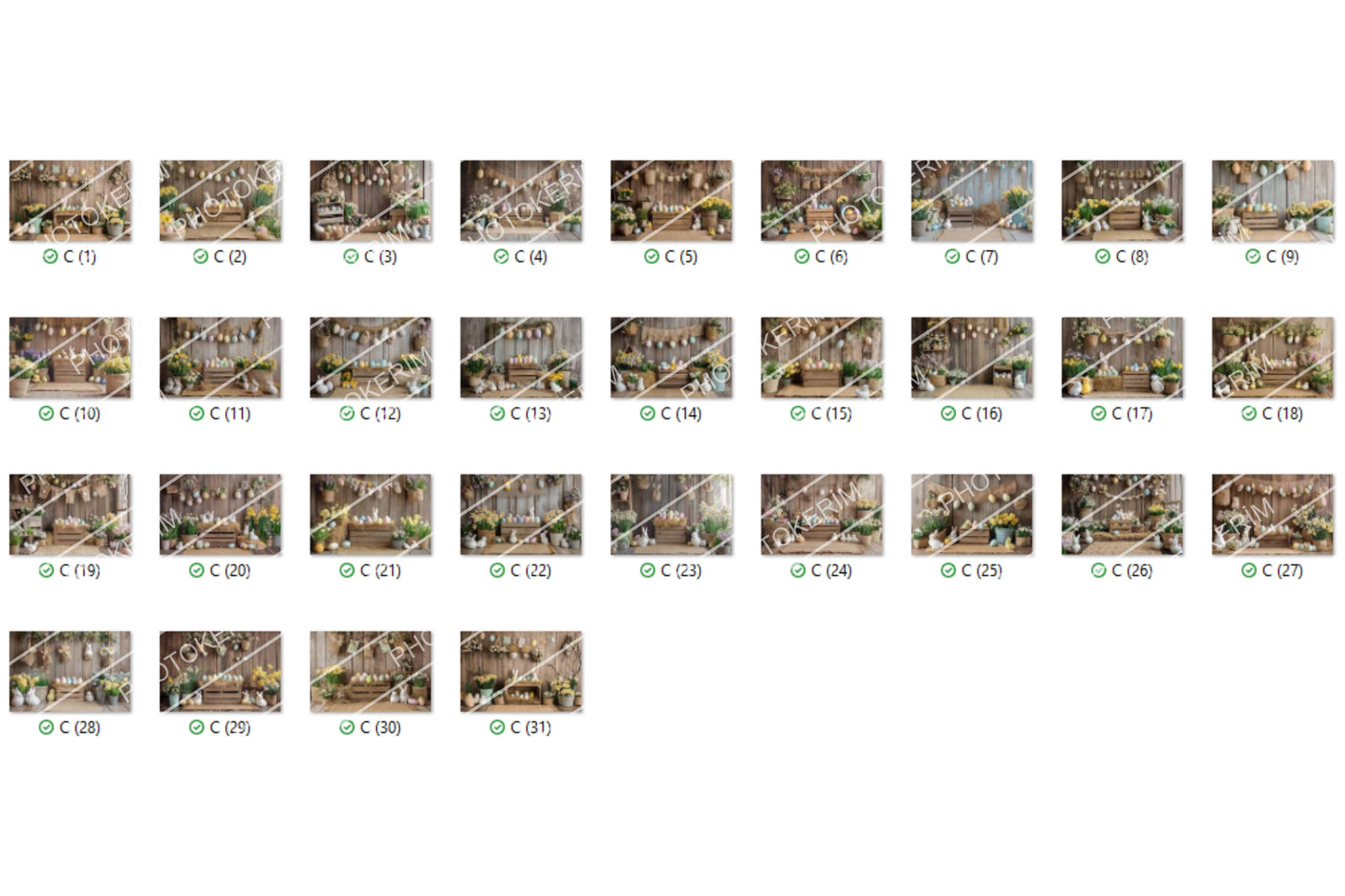 Cozy Rustic Easter Digital Backdrop Set, 30 Wooden Farmhouse Scenes with Bunnies, Flowers, and Eggs for Kids Spring Photography and Photoshop Edits