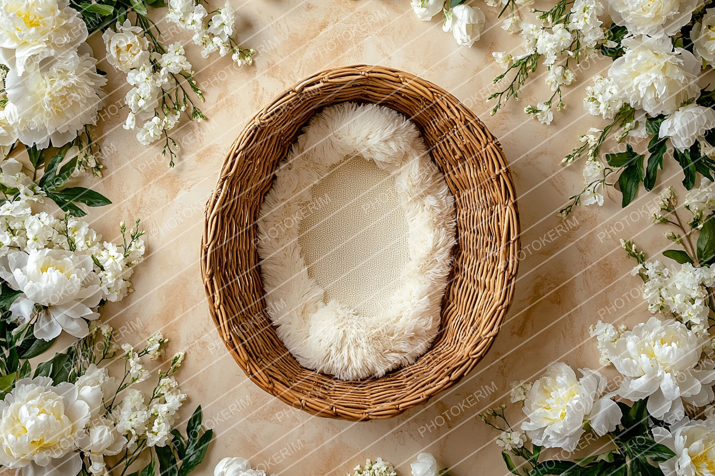 Newborn Floral Photography Backdrop, Neutral Basket Baby Digital Background, Soft Beige Studio Scene with White Flowers, Photoshop Overlay Prop