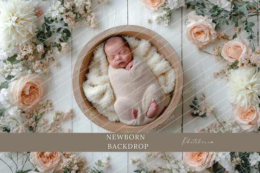 Newborn Floral Digital Backdrop, Soft Neutral Baby Photography Background, Rustic Wooden Bowl Scene with Blush Roses, Photoshop Overlay Prop