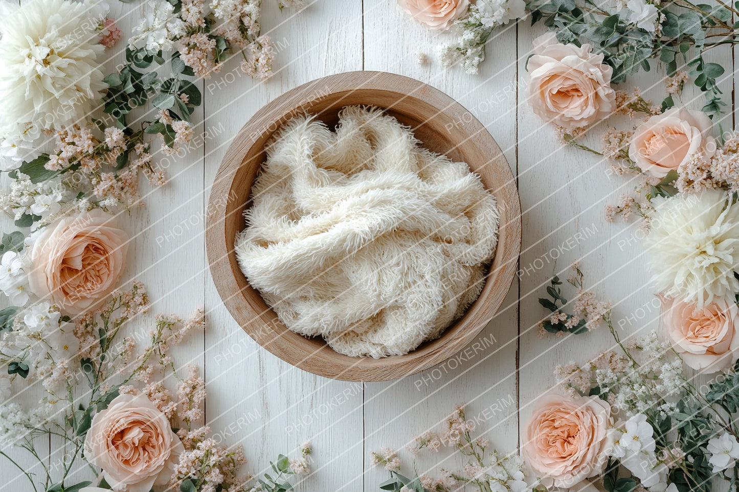 Newborn Floral Digital Backdrop, Soft Neutral Baby Photography Background, Rustic Wooden Bowl Scene with Blush Roses, Photoshop Overlay Prop