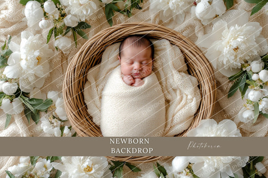 Neutral Cream Newborn Digital Backdrop, Cozy Baby Basket Scene with White Peonies, Soft Knit Blanket Photography Overlay, Rustic Studio Prop