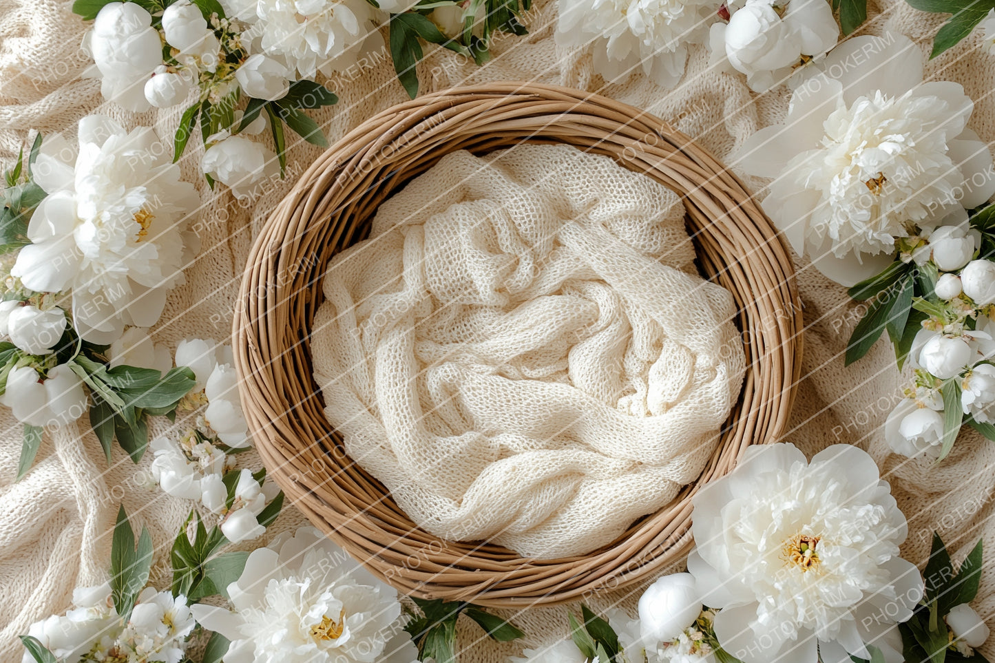 Neutral Cream Newborn Digital Backdrop, Cozy Baby Basket Scene with White Peonies, Soft Knit Blanket Photography Overlay, Rustic Studio Prop