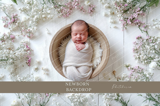 Neutral White Floral Newborn Digital Backdrop, Rustic Baby Basket Scene with Baby’s Breath Flowers, Soft Wood Studio Overlay for Photoshop
