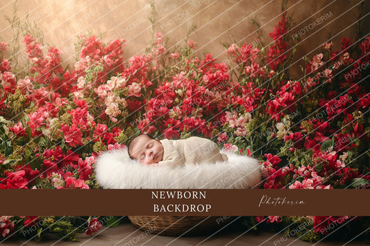 Red Pink Floral Garden Newborn Digital Backdrop, Cozy Baby Basket Photography Prop, Rustic Spring Bloom Studio Overlay for Photoshop