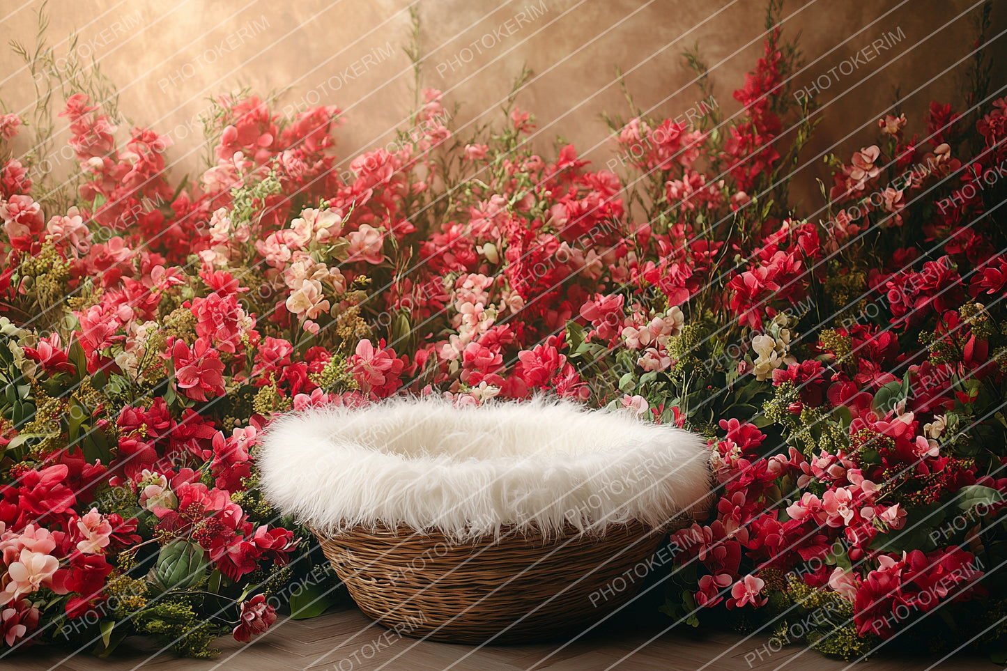 Red Pink Floral Garden Newborn Digital Backdrop, Cozy Baby Basket Photography Prop, Rustic Spring Bloom Studio Overlay for Photoshop