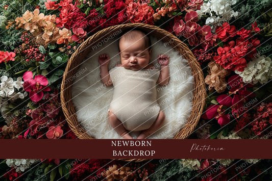 Vibrant Floral Garden Newborn Digital Backdrop, Baby Basket Photography Overlay, Colorful Botanical Studio Prop for Photoshop Composites