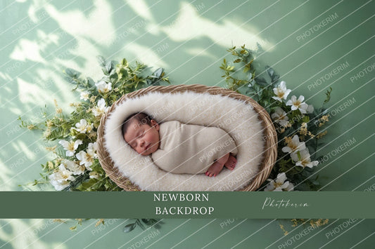 Soft Greenery Newborn Digital Backdrop, Baby Basket Photography Overlay, White Floral Botanical Studio Prop for Photoshop Editing