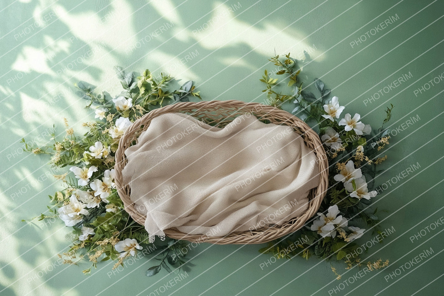 Soft Greenery Newborn Digital Backdrop, Baby Basket Photography Overlay, White Floral Botanical Studio Prop for Photoshop Editing