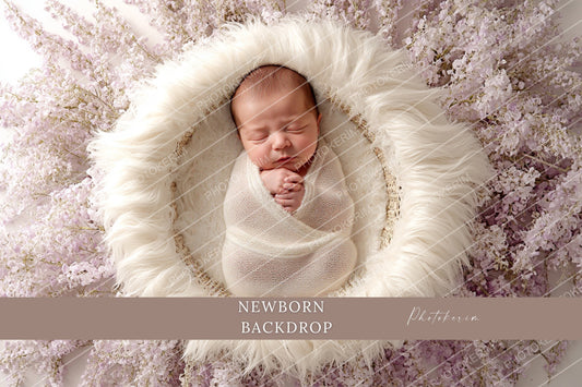 Lavender Blossom Newborn Digital Backdrop, Baby Basket Photography Overlay, Soft Purple Floral Studio Prop for Photoshop Editing