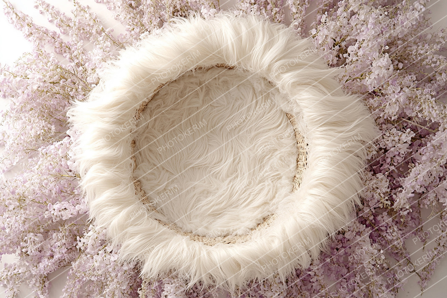 Lavender Blossom Newborn Digital Backdrop, Baby Basket Photography Overlay, Soft Purple Floral Studio Prop for Photoshop Editing