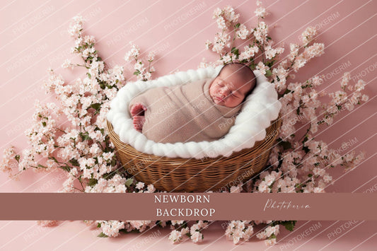 Blush Pink Cherry Blossom Newborn Digital Backdrop, Baby Basket Photography Overlay, Soft Floral Studio Prop for Photoshop Editing