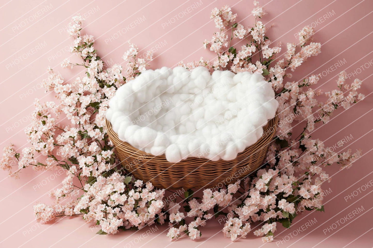 Blush Pink Cherry Blossom Newborn Digital Backdrop, Baby Basket Photography Overlay, Soft Floral Studio Prop for Photoshop Editing