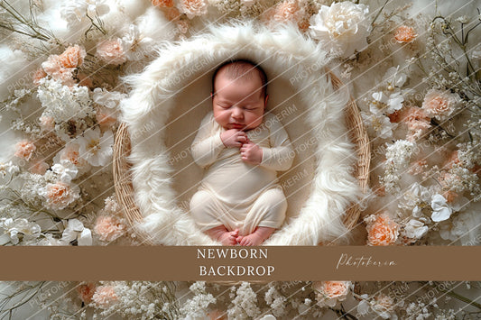 Peach and Cream Floral Newborn Digital Backdrop, Cozy Baby Basket Photography Overlay, Soft Neutral Flowers for Photoshop Editing