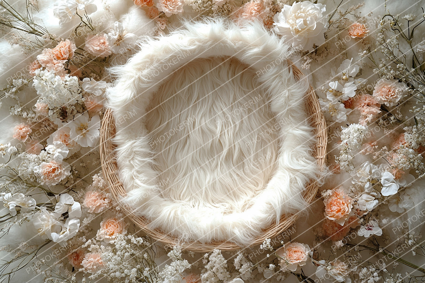 Peach and Cream Floral Newborn Digital Backdrop, Cozy Baby Basket Photography Overlay, Soft Neutral Flowers for Photoshop Editing