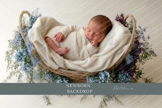 Blue and Purple Hydrangea Floral Newborn Digital Backdrop, Cozy Baby Basket Photography Overlay, Soft Pastel Flowers for Photoshop Edits