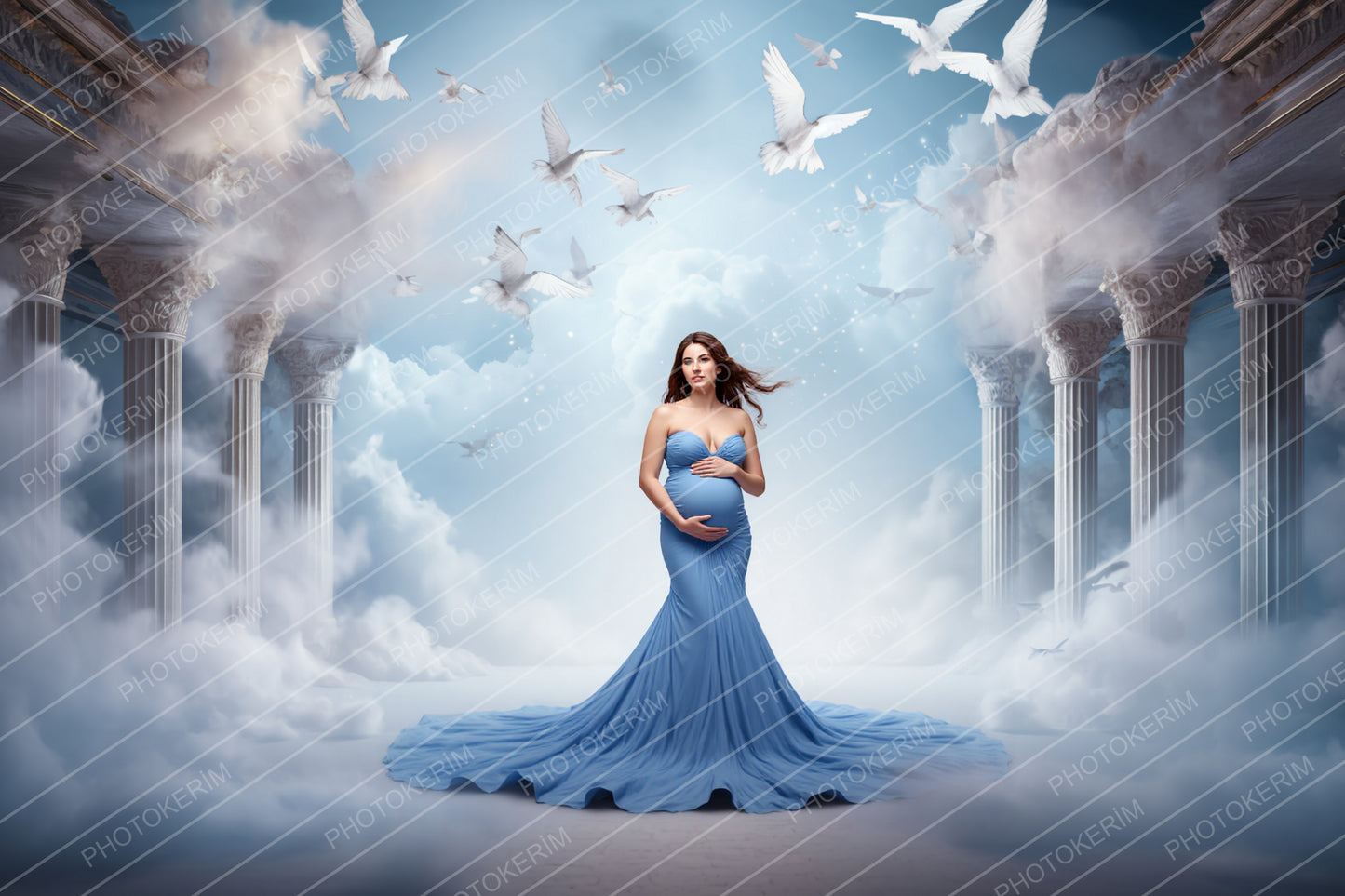 Blue Dreamy Digital Backdrop Set, 17 Pastel Cloud and Dove Maternity Photography Backgrounds with Ethereal Columns, Fine Art Studio Overlays for Photoshop