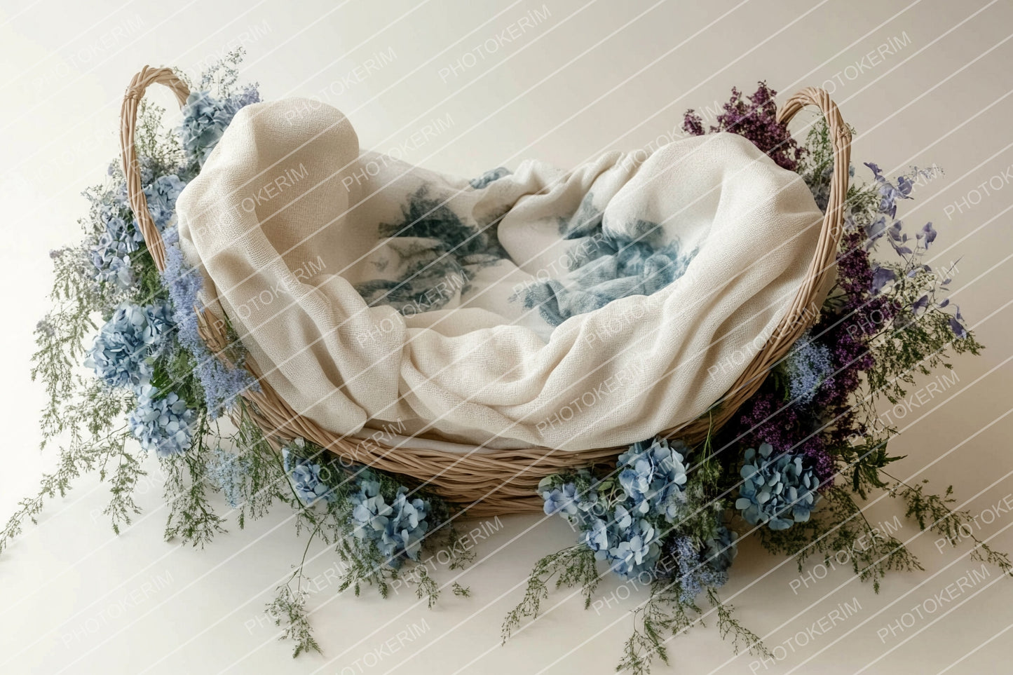 Blue and Purple Hydrangea Floral Newborn Digital Backdrop, Cozy Baby Basket Photography Overlay, Soft Pastel Flowers for Photoshop Edits