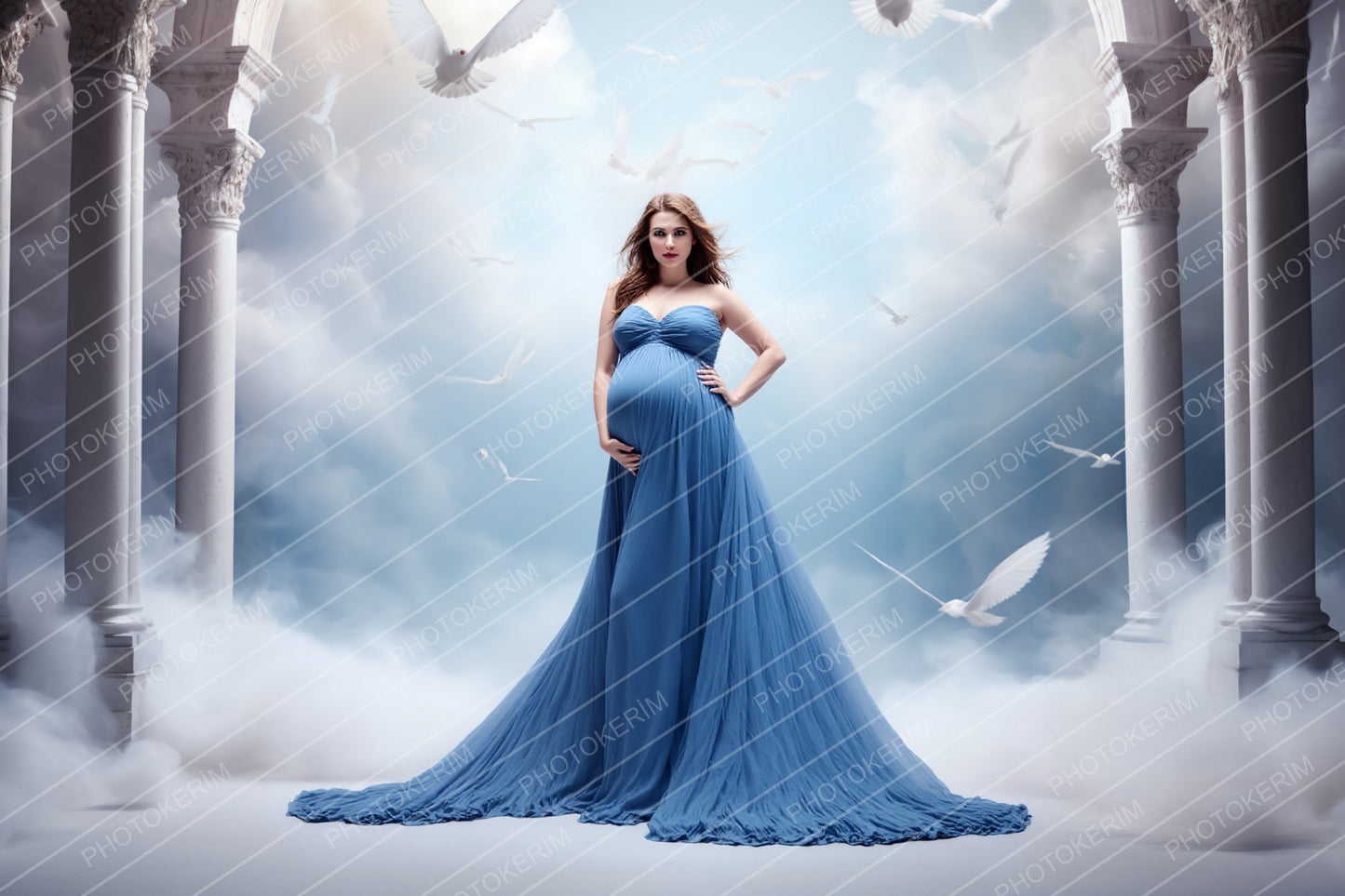 Blue Dreamy Digital Backdrop Set, 17 Pastel Cloud and Dove Maternity Photography Backgrounds with Ethereal Columns, Fine Art Studio Overlays for Photoshop