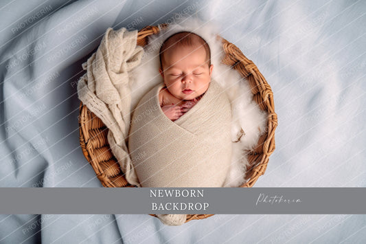 Newborn Photography Backdrop, Soft Blue Blanket Baby Basket Scene, Cozy Neutral Digital Newborn Background, Studio Baby Photo Prop Overlay