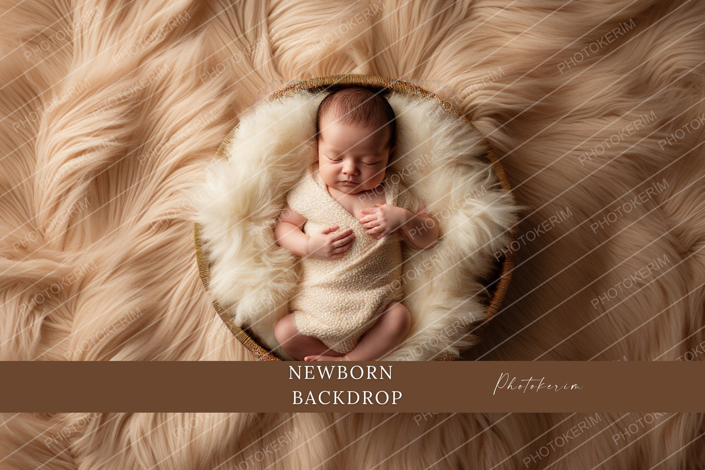 Newborn Photography Backdrop, Neutral Beige Faux Fur Baby Basket Scene, Cozy Digital Background for Newborn Photo Editing, Studio Prop