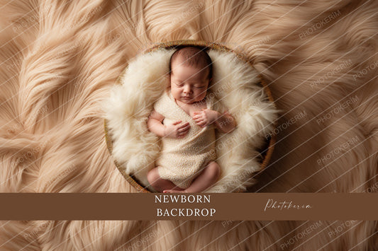 Newborn Photography Backdrop, Neutral Beige Faux Fur Baby Basket Scene, Cozy Digital Background for Newborn Photo Editing, Studio Prop