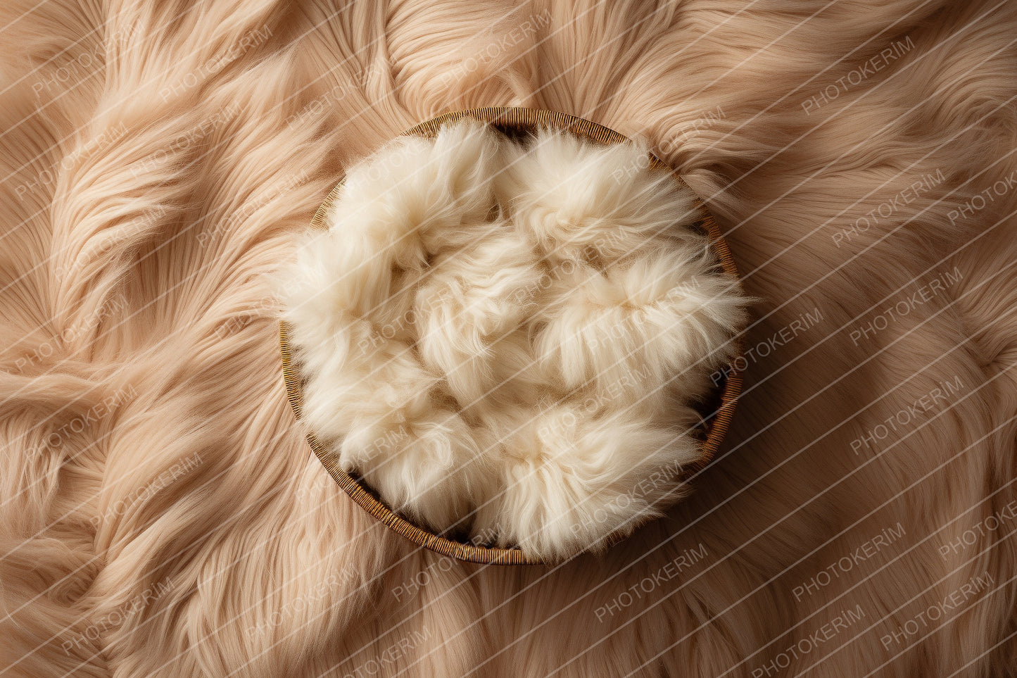 Newborn Photography Backdrop, Neutral Beige Faux Fur Baby Basket Scene, Cozy Digital Background for Newborn Photo Editing, Studio Prop
