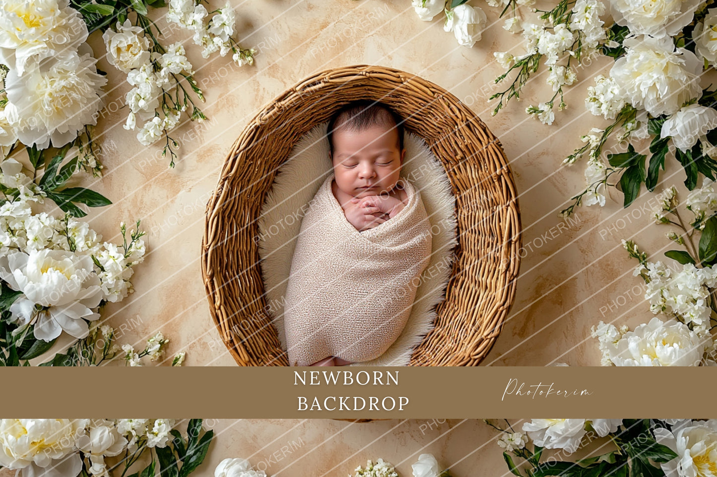 Newborn Floral Photography Backdrop, Neutral Basket Baby Digital Background, Soft Beige Studio Scene with White Flowers, Photoshop Overlay Prop