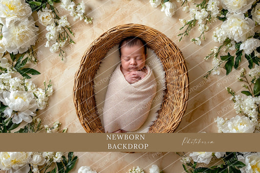 Newborn Floral Photography Backdrop, Neutral Basket Baby Digital Background, Soft Beige Studio Scene with White Flowers, Photoshop Overlay Prop